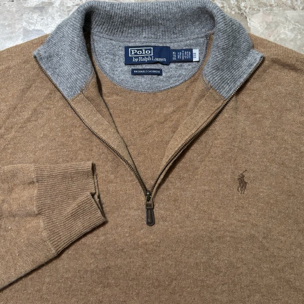 Polo Ralph Lauren Quarter Zip Mens XL Brown Washable Cashmere Sweater